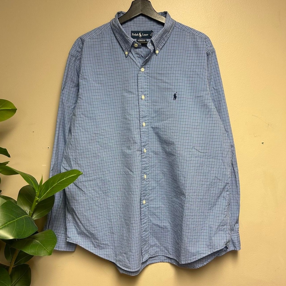 Vintage Ralph Lauren 90s Blue White Checkered Button Up Shirt Mens XL Classic